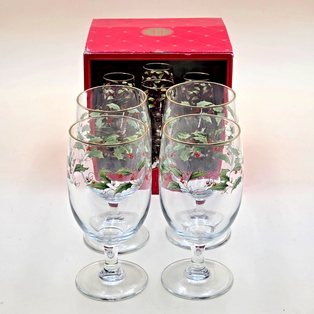 Home For The Holidays Holly Holiday Iced Beverage Glasses Box Set of 4 Gold Rim
